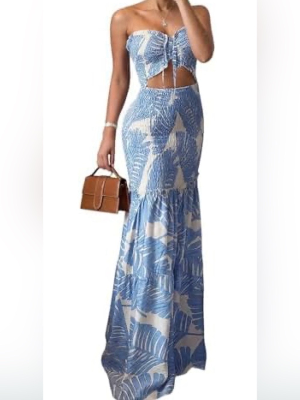 chic Blue & White Tropical Cutout Maxi dress